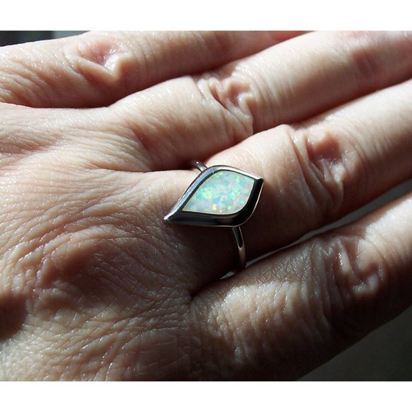 925 STERLING SILVER Lab Created Mystic Shape White Opal Ring - Picture 5 of 16